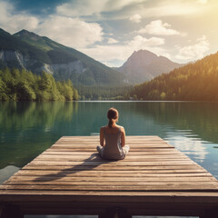 Fototapeta na wymiar Young woman meditating on a wooden pier on the edge of a lake to improve focus