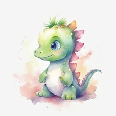 Cute Green Dragon symbol of a New Year 2024, watercolor illustration. Baby Dinosaur. Little Dino a fabulous animal in cartoon style on a white background
