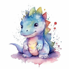 Little Dragon, watercolor illustration. Little Dinosaur. Cute Dino a fabulous animal in cartoon style on a white background. Dragon symbol of a New Year 2024