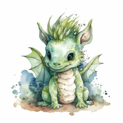 Cute Green Dragon symbol of a New Year 2024, watercolor illustration. Fabulous animal in cartoon style on a white background