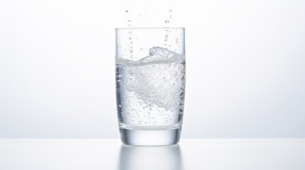  a glass of water with ice cubes on a white table with a reflection of the water in the glass.  generative ai