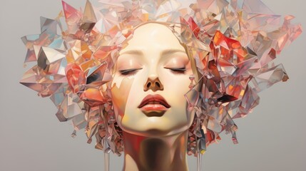  a digital painting of a woman's head with many pieces of glass covering it's face and neck.  generative ai
