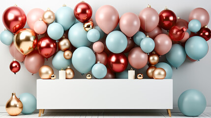 Fototapeta na wymiar Room decorated with balloons, Christmas tree, presents