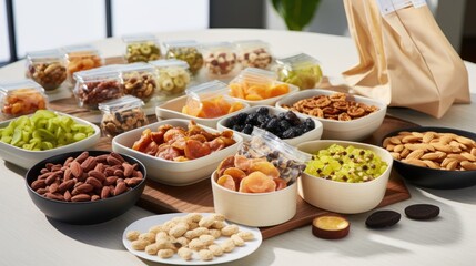  a table topped with bowls filled with different types of nuts and dried fruits next to a bag of cashews.  generative ai