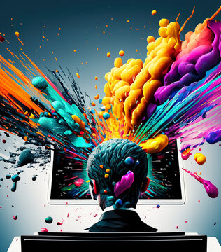 super realistic, super colorful space and paint splattering outside the computer, the computer taking over the business man's head exploding and colors splattering