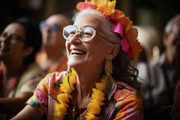 A senior woman participating in a laughter session, sharing hearty laughs with a group