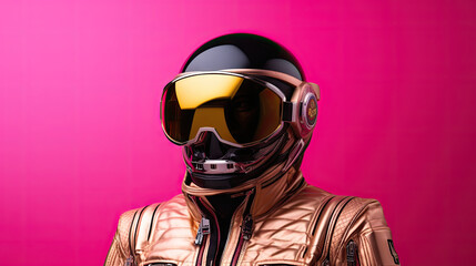  a person wearing a helmet and goggles standing in front of a pink background wearing a gold jacket and goggles.  generative ai