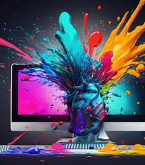 super realistic, super colorful space and paint splattering outside the computer, the computer taking over the human