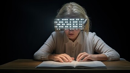 Blind woman reading in Braile. International braille day