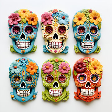 Image of intricate sugar skulls arranged on a white background., colorful sugar skulls isolated on white background, Day of the dead isolated on transparent background, Generative ai.


