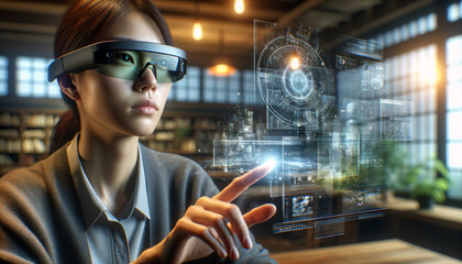 A woman wearing AR glasses while interacting with digital elements