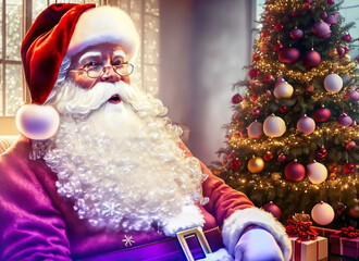 Santa Claus in the tranquility of his home adorned with a large Christmas tree seems to ask us without talking about what our wishes are for this year. 