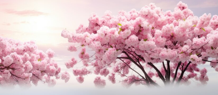 In the beautiful spring garden a cherry tree with pink blossoms stood tall against the white sky creating a stunning floral background in nature