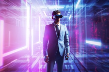 Fototapeta na wymiar Handsome businessman exploring virtual reality and business metaverse