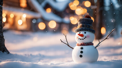 Obraz premium Christmas decoration with a Cute cheerful snowman in the snow at winter. Winter background with Christmas decoration. Generative Ai