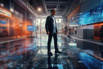 Obraz premium Handsome businessman exploring virtual reality and business metaverse