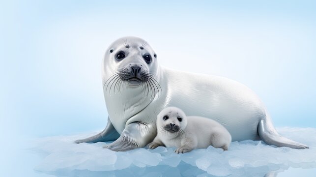  a mother seal and her baby are sitting on an ice floer with a blue sky in the background.  generative ai