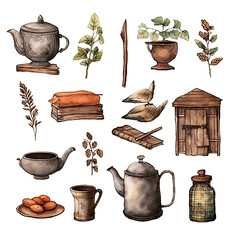 Vintage handmade decor: Scandinavian watercolor elements, without background in PDF format