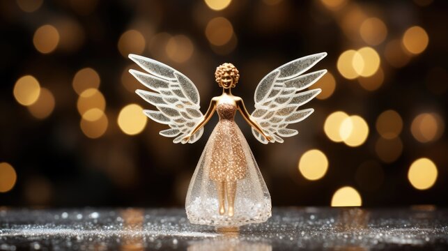  a glass angel figurine sitting on top of a table next to a gold and white boke of lights.  generative ai