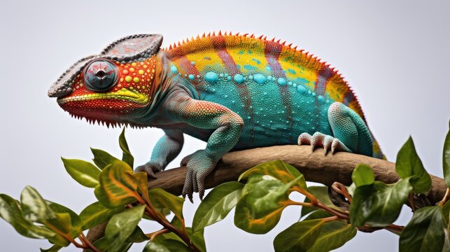  a colorful chamelon sitting on top of a tree branch with lots of leaves in front of a gray sky.  generative ai