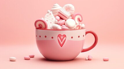  a cup filled with candy and marshmallows on top of a pink background with a heart on the side.  generative ai