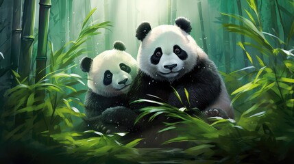 Beautiful pandas against the background of a bamboo forest