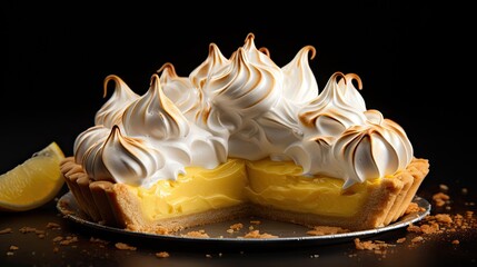  a lemon meringue pie on a plate with a slice taken out of it and the rest of the pie on the plate.  generative ai