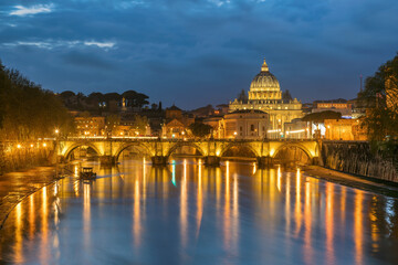 Night view of Vatican St Peter Basilica at sunny autumn day, Rome Italy.