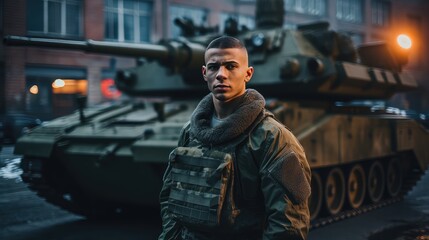 military man near the tank - obrazy, fototapety, plakaty
