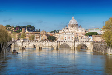 Beautiful view of Vatican St Peter Basilica at sunny autumn day, Rome Italy.