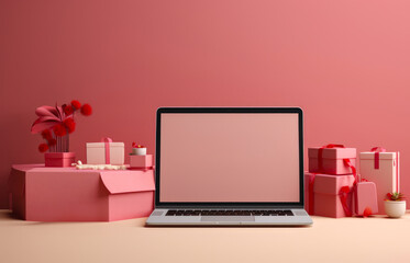Red background, gifts beside laptop with pink empty display