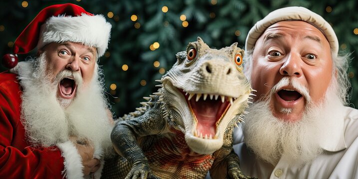 Two cheerful Santas and a dragon look into the camera and laugh. The concept of a New goal and Christmas. Generated by AI.
