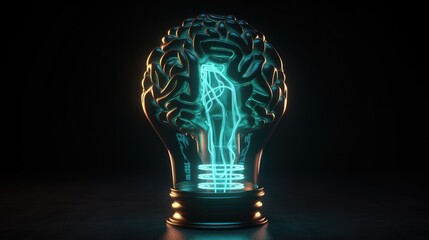 green brain light bulb lamp on dark background, human mind brain lighting bulb with turquoise fire, energy and flashes, violet lightning, flash of inspiration, flash of genius and brainwaves, memory
