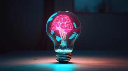 shimmering red brain light bulb lamp on black, human mind brain light bulb with pink fire, energy and flashes, rose lightning, flash of inspiration, flash of genius, memory, cores, brainwave - obrazy, fototapety, plakaty
