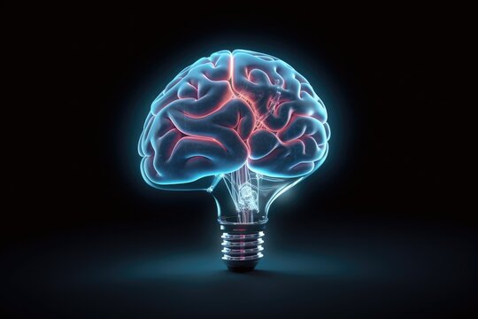 blue brain light bulb lamp on dark background, human mind brain lighting bulb with red fire, rose energy and flashes, violet lightning, flash of inspiration, flash of genius and brainwaves, memory