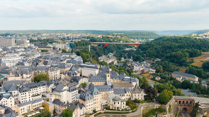 Luxembourg City, Luxembourg. Bock Casemates. Panoramic view of the historical part of Luxembourg city. The city is located in a deep valley of two rivers - Alzette and Petrus, Aerial View
