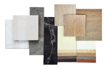 combination of interior material samples contain oak wooden ceramic flooring tiles, drapery fabric catalog palette, marble stones, stone granite tiles isolated on background with clipping path.