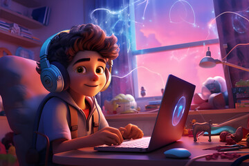 Image of a young boy from Generation Alpha in his room, wearing headphones and using a computer for a virtual classroom.