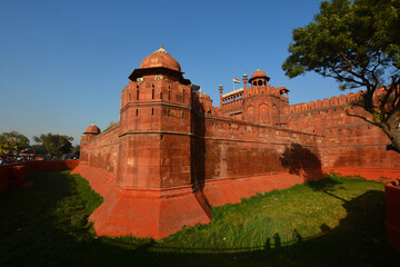 Red fort is a historic fort in the Old Delhi neighbourhood of Delhi, India, that historically served as the main residence of the Mughal emperors. Emperor Shah Jahan  - obrazy, fototapety, plakaty