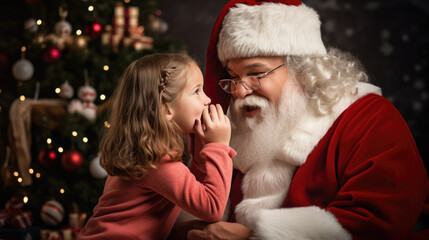 A young child is sharing a secret with a cheerful Santa Claus against a backdrop of a decorated Christmas tree and presents, encapsulating a magical holiday moment.