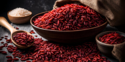 Farm Fresh Red Rice spices in a wooden bowl generative AI