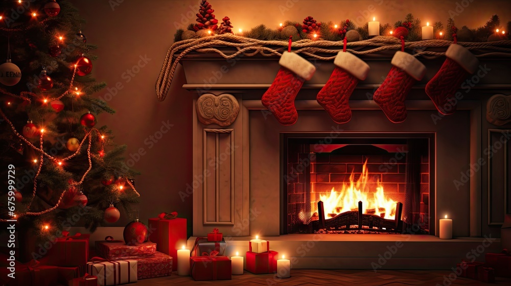 Poster  a fireplace decorated with stockings and stockings next to a christmas tree with lit candles and stockings hanging from the mantle.  generative ai