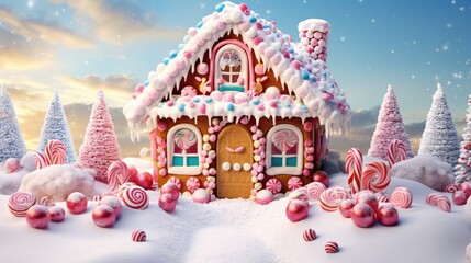  a gingerbread house surrounded by candy canes and candy canes on a snow covered ground with trees in the background.  generative ai