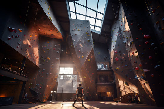 Rustic gymnasium in a restored barn, with an athlete climbing an artificial rock wall in a bouldering facility.