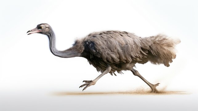  an image of an ostrich running in the sand with it's head turned to the side and it's head turned to the side.  generative ai
