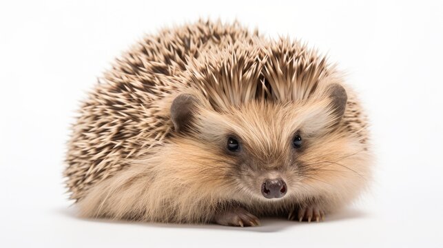  a small hedgehog sitting on top of a white floor next to a white wall and looking at the camera.  generative ai