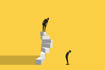 Successful businessman standing on top looking down and man looking up, which pointing up as symbol of achievement, success and developing business in successful way - obrazy, fototapety, plakaty