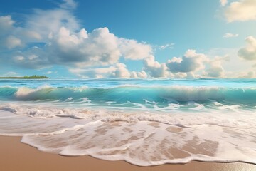Sunrise over beach in sea. beautiful sandy beach and soft blue ocean wave. Perfect tropical beach landscape. Vacation holidays background. Close-up soft wave of the sea on the sandy beach