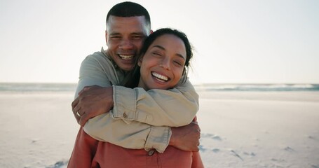 Face, smile and couple hug at beach on vacation, holiday or summer travel with wind mockup. Portrait, happy man embrace woman at ocean or sea on lens flare outdoor together in support, love or care