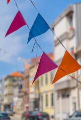 Close-up of San Juan festival flags decorations, Bonfim area